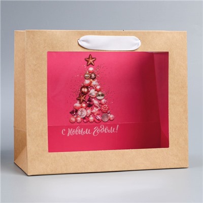 Пакет подарочный новогодний крафтовый с пластиковым окном «С Новым годом», 24×20×11 см