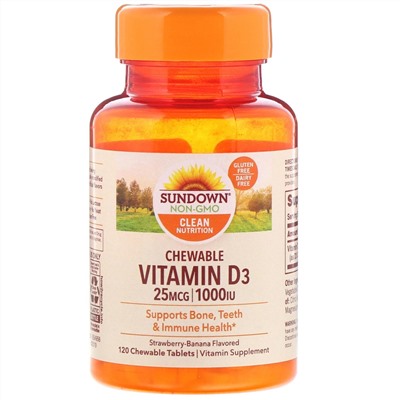Sundown Naturals, Жевательный витамин D3 со вкусом клубники и банана, 25 мг (1000 МЕ), 120 жевательных таблеток