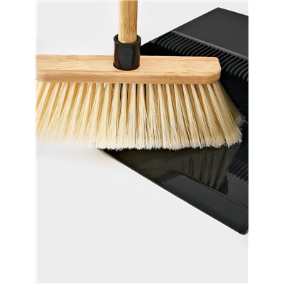 Щётка с совком Meli, бамбуковый держатель, 26×24×98 см, чёрная