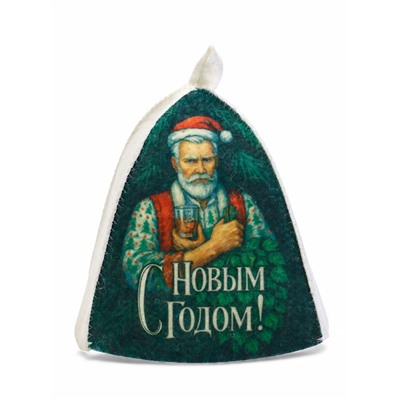 Шапка для бани и сауны, с принтом «С новым годом! Дед Мороз с веником и бокалом », полиэфир 70%, шерсть 30%, «Банная забава»