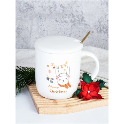 Кружка новогодняя с крышкой, ложка / HB-A2096 /уп 60/