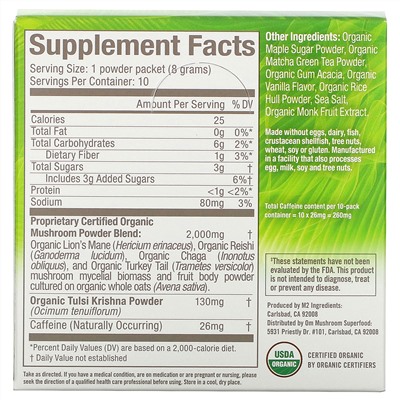 Om Mushrooms, Mushroom Powered Matcha Latte Blend, 10 Packets, 0.28 oz (8 g) Each
