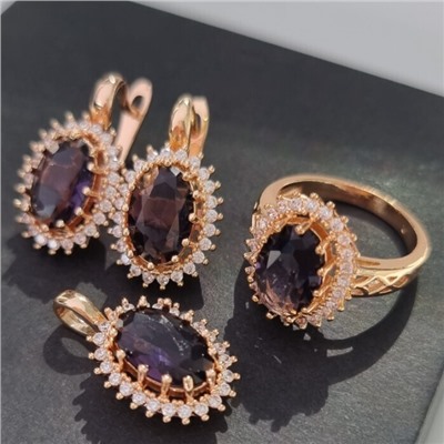 Комплект ювелирная бижутерия коллекция  "Дубай" серьги, кулон и кольцо 18 р, покрытие: позолота, вставка: фианит, цвет: фиолетовый и прозрачный, арт.313.094-18