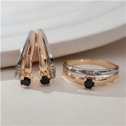 Комплект ювелирной бижутерии коллекция "Дубай" серьги и кольцо 19 р, покрытие позолота, вставка: фианиты и цирконы, цвет: черный и прозрачный, арт.215.684-19