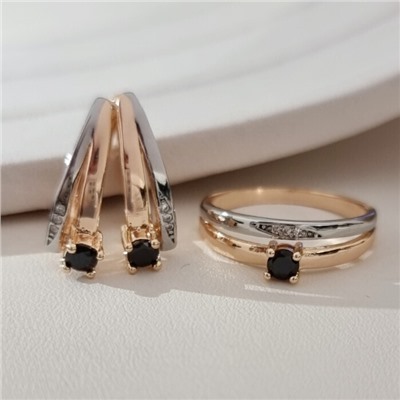 Комплект ювелирной бижутерии коллекция "Дубай" серьги и кольцо 19 р, покрытие позолота, вставка: фианиты и цирконы, цвет: черный и прозрачный, арт.215.684-19