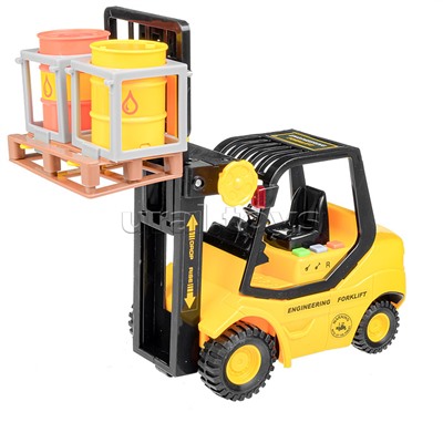 Машина "Погрузчик" с бочками и поддоном 1:16 (свет, звук) в коробке