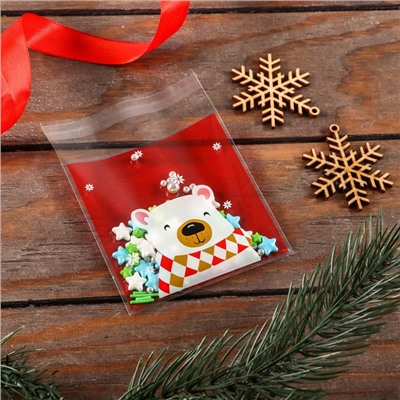 Пакет подарочный новогодний БОПП с липкой лентой, «Мишка», 10×10+3 см