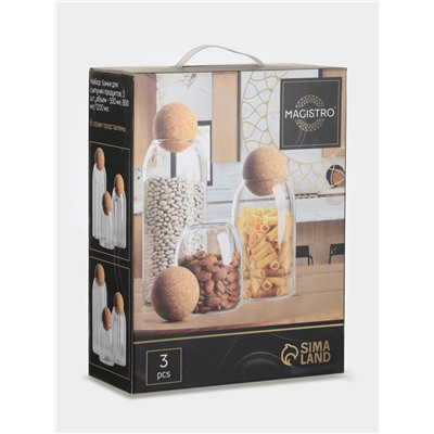 Банки для хранения сыпучих «Эко», 3 предмета: 400/700/1000 мл, с пробковой крышкой, стекло