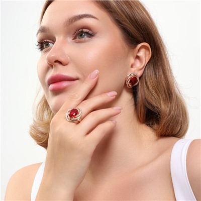 Комплект ювелирной бижутерии коллекция "Дубай" серьги и кольцо 18 р, покрытие позолота, вставка: фианиты, цвет: красный и прозрачный, арт.215.401-18