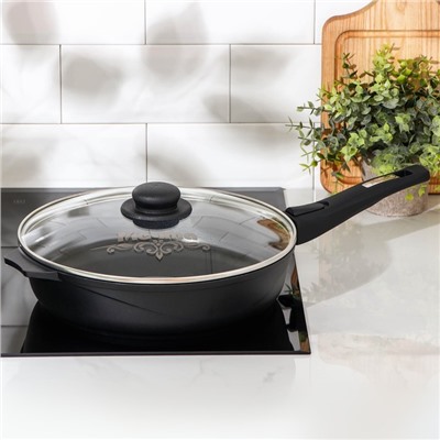 Сковорода «Престиж», d=28 см, съёмная ручка, стеклянная крышка, антипригарное покрытие, цвет чёрный