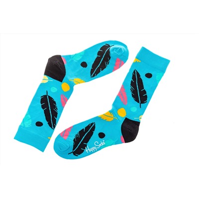 Носки женские с высокой резинкой и принтом "Пёрышки", хлопок-полиамид-эластан, цвет голубой