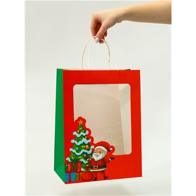 Пакет подарочный новогодний крафт, с окном «Дед Мороз» 26×35×16 см