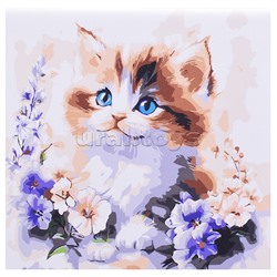 Холст с красками 20х20 по номерам "Котёнок в цветах в коробке" (16цв.)