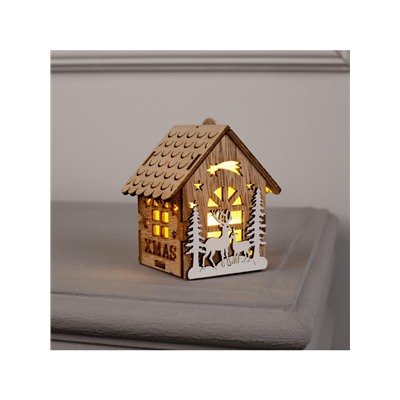 Ёлочная игрушка «Домик с оленями», 8×7×5.5 см, от батареек, свечение тёплое белое