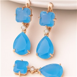 Комплект ювелирной бижутерии Дубайское золото: серьги и кулон с крупным камнем, покрытие позолота, вставка: фианит, цвет: голубой, арт.414.038