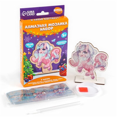 Алмазная мозаика на новый год для детей на деревянной фигурке «Единорожка», 10×10 см, набор для творчества