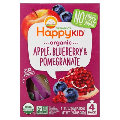 Happy Family Organics, Happy Kid, Organic Apple, Blueberry & Pomegranate, 4 Pouches, 3.17 oz (90 g) Each