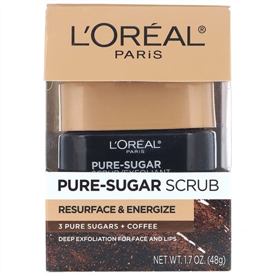 L'Oreal, Скраб Pure-Sugar, восстановление и энергия, 3 сахара + кофе, 48 г