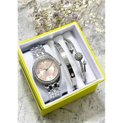 Подарочный набор для женщин часы, 2 браслета + коробка #22853021