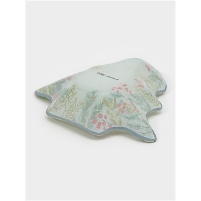 Блюдо новогоднее сервировочное Доляна «Еловые ветки», 17.7×18.5×3.5 см, стекло, белое, зелёное