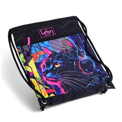 Сумка для сменной обуви и спортивных секций "Label. Cyber Cat" 33x46 см, плотный износостойкий полиэстер с водоотталкивающей пропиткой, большой передний карман на молнии, аппликация из каучука, на веревочной завязке, с 2-мя ручками для повеса и переноски