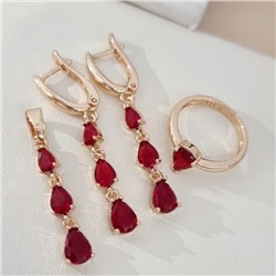 Комплект ювелирной бижутерии коллекция "Дубай" серьги, кулон и кольцо 19 р, покрытие позолота, вставка: фианиты, цвет: рубиновый, арт.414.307-19