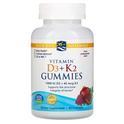 Nordic Naturals, жевательные конфеты с витамином D3 + K2, гранат, 25 мкг (1000 МЕ), 60 жевательных конфет
