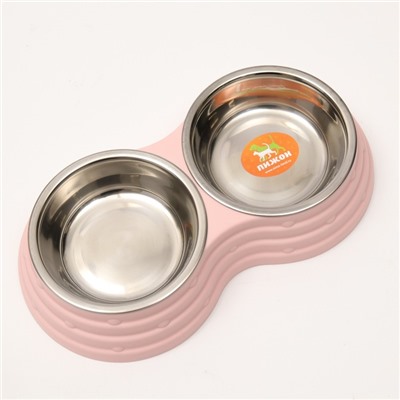Миска двойная, 25×14×5 см, на пластиковом основании, металл, розовая