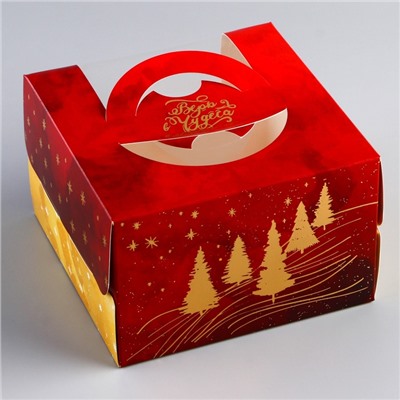 Коробка под бенто - торт с окном новогодняя «Верь в чудеса», 15.5×15.5×10 см, тиснение