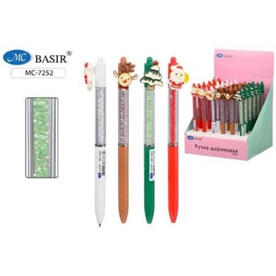 Ручка шариковая поворотная, "НОВОГОДНЯЯ" комбинированный корпус, цветной, клип с насадкой, со стразами, синяя МС-7252 Basir