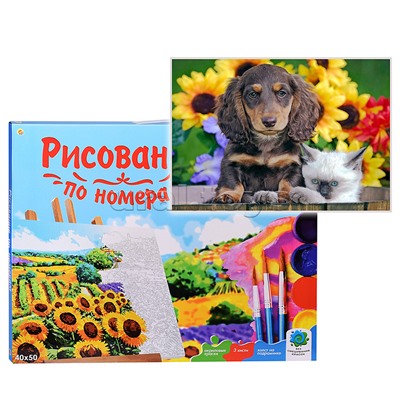 Холст с красками 40х50 по номерам "Щенок и котенок"