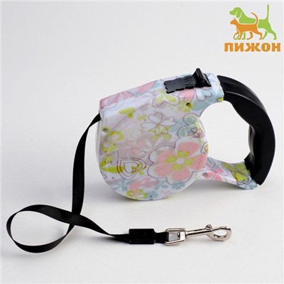 Рулетка с поводком-лентой, резиновая ручка, 5 м, вес до 15 кг, цветочная расцветка