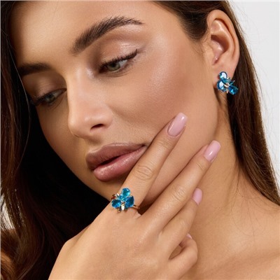 Комплект ювелирной бижутерии коллекция "Дубай" серьги и кольцо 19 р, покрытие позолота, вставка: стекло, цвет: голубой, арт.215.562-19