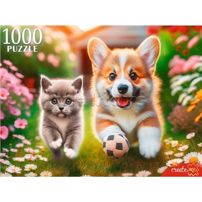 Пазлы 1000 "Корги и Британский котенок"