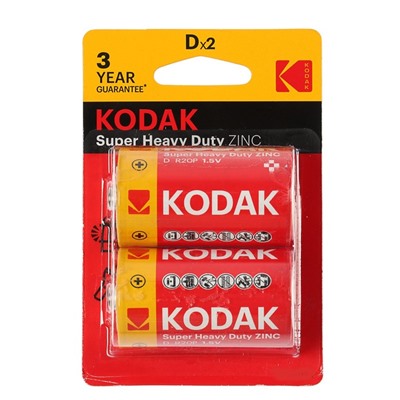 Батарейка солевая Kodak Super Heavy Duty, D, R20-2BL, 1.5 В, блистер, 2 шт.