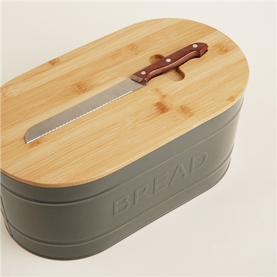 Хлебница металлическая с бамбуковой крышкой SL Home «каса Перфекто», 2 предмета: хлебница 36×20×15.5 см, длина ножа 28.3 см