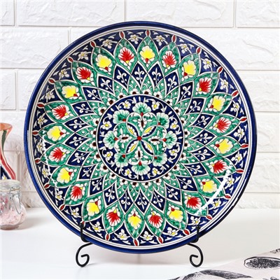 Ляган узбекский Риштанская керамика «Цветы», для плова, d=36 см, синий