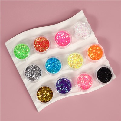 Блёстки для декора, крупные, набор 12 баночек, в пластиковом органайзере, разноцветные