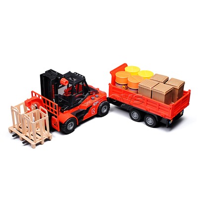 Погрузчик с прицепом и цистернами (свет, звук) в коробке (красный)
