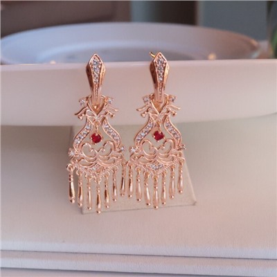 Серьги женские этно самовары ювелирная бижутерия коллекция "Дубай" покрытие позолота, вставка: фианиты, цвет: прозрачный и красный, арт.314.219