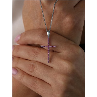 Подвеска-крест из серебра с нат.розовой шпинелью родированная 925 пробы п-035р615