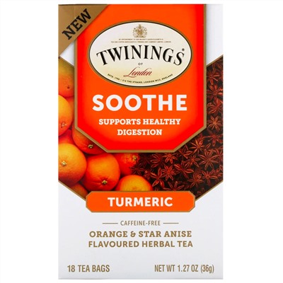 Twinings, Успокаивающий травяной чай, куркума, апельсин и анис звездчатый, без кофеина, 18 пакетиков по 1,27 унц. (36 г)