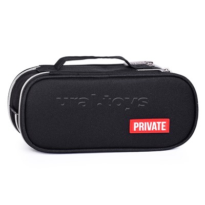 Пенал "Private" 22x9x8 см, овальный для 100 предметов, 3 отделения на молнии, 2 отделения с внутренним органайзером, текстильный, с ручкой, с каучуковой аппликацией, черный
