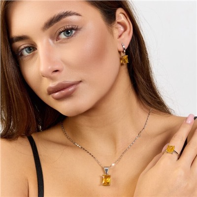 Комплект ювелирной бижутерии коллекция "Дубай" серьги, кулон и кольцо 20 р покрытие посеребрение, вставка: стекло, цвет: желтый, арт.215.593-20