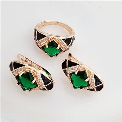 Комплект ювелирной бижутерии Дубайское золото серьги и кольцо, покрытие позолота, вставка: эмаль и фианиты, цвет: черный и зеленый, р-р 17, арт.314.460-17