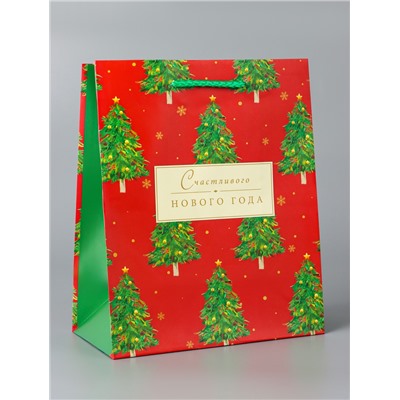 Пакет подарочный новогодний ламинированный «Счастливого Нового года», на бежевом, 18×22.3×10 см