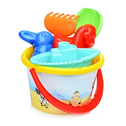 Набор №251: ведро среднее с наклейкой, совок №2, грабельки №2, формочки (заяц + лошадка), кораблик "