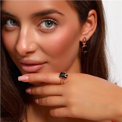 Комплект ювелирная бижутерия коллекция  "Дубай" серьги и кольцо 19 р, покрытие: позолота, вставка: фианиты, цвет: черный, Уценка, арт. 08.3392 (217.311-19 )