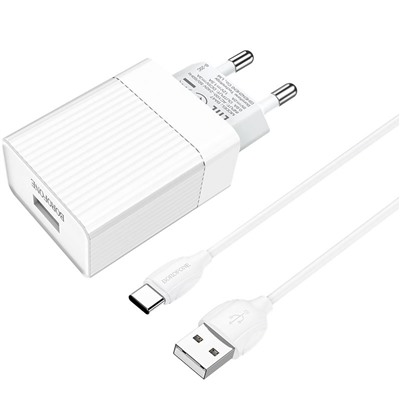 Адаптер Сетевой с кабелем Borofone BA47A Mighty QC3.0 USB 3A/18W (USB/Type-C) (white)