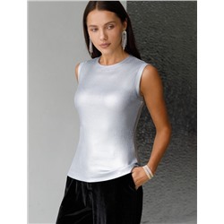 Топ с закрытым декольте из хлопка с эластаном в рубчик с матовым покрытием металлик